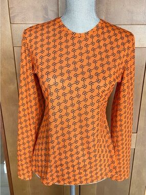 ROKH Women's Orange Crew Neck Long-Sleeve Knit Top with Black Logo Print, Large